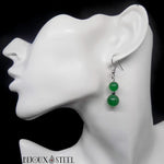 Boucles d'oreilles pendantes argentées deux perles en jade de Malaisie en pierre naturelle