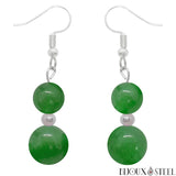 Boucles d'oreilles pendantes argentées doubles perles d'aventurine verte en pierre naturelle et acier inoxydable
