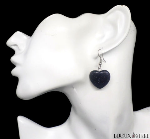 Boucles d'oreilles pendantes coeurs de goldstone bleue artificielle en verre et acier chirurgical