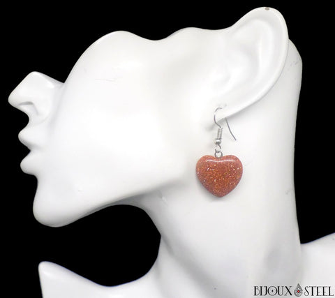 Boucles d'oreilles pendantes coeurs de goldstone artificielle en verre et acier chirurgical