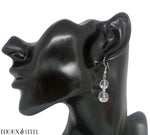 Boucles d'oreilles pendantes argentées deux perles de cristal de roche en pierre naturelle et acier chirurgical