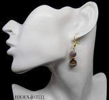 Boucles d'oreilles pendantes dorées deux perles en agate du Botswana en pierre naturelle et acier chirurgical