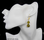 Boucles d'oreilles pendantes dorées deux perles d'agate veine de dragon jaune en pierre naturelle et acier inoxydable