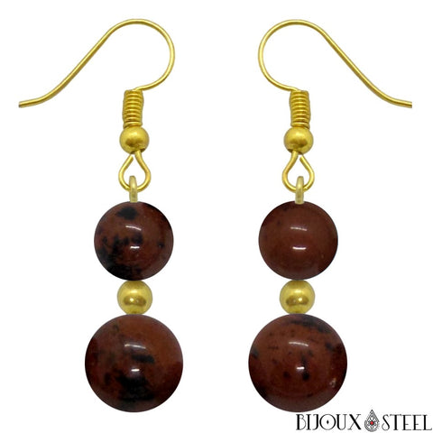 Boucles d'oreilles pendantes dorées doubles perles d'obsidienne acajou en pierre naturelle et acier chirurgical
