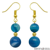 Boucles d'oreilles pendantes dorées doubles perles d'agate bleue teintée en pierre naturelle et acier chirurgical
