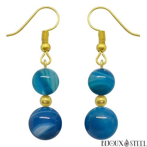 Boucles d'oreilles pendantes dorées doubles perles d'agate bleue teintée en pierre naturelle et acier chirurgical