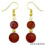 Boucles d'oreilles pendantes dorées doubles perles d'agate de feu en pierre naturelle et acier inoxydable