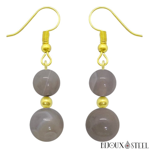 Boucles d'oreilles pendantes dorées doubles perles d'agate grise en pierre naturelle et acier inoxydable