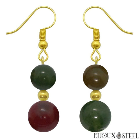 Boucles d'oreilles pendantes dorées doubles perles d'agate indienne en pierre naturelle