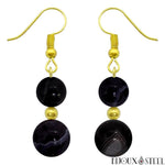 Boucles d'oreilles pendantes dorées doubles perles d'agate noire onyx en pierre naturelle et acier inoxydable