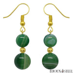 Boucles d'oreilles pendantes dorées doubles perles d'agate verte teintée en pierre naturelle et acier chirurgical