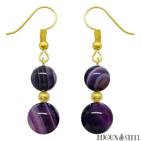 Boucles d'oreilles pendantes dorées doubles perles d'agate violette en pierre naturelle teintée et acier chirurgical
