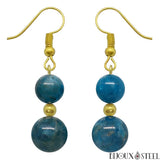 Boucles d'oreilles pendantes dorées doubles perles d'apatite bleue en pierre naturelle et acier chirurgical