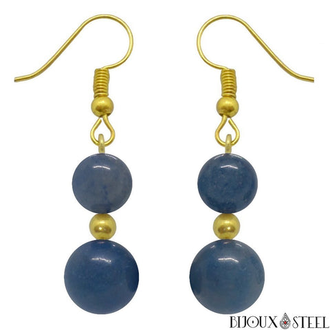 Boucles d'oreilles pendantes dorées doubles perles d'aventurine bleue en pierre naturelle et acier chirurgical