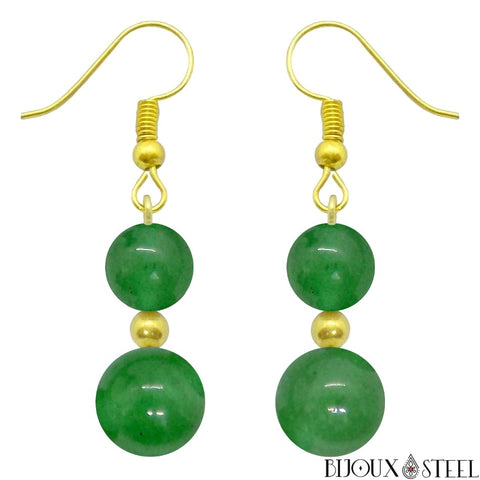 Boucles d'oreilles pendantes dorées doubles perles d'aventurine verte en pierre naturelle et acier inoxydable