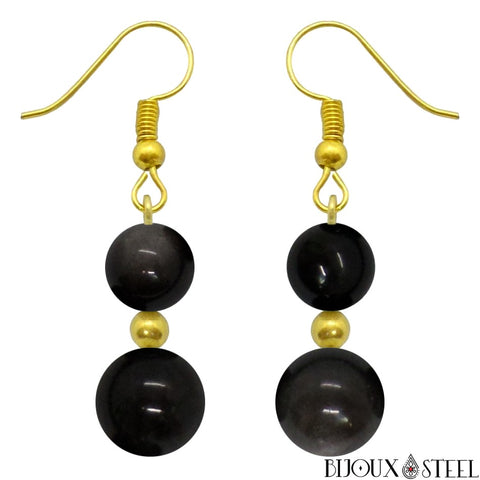 Boucles d'oreilles pendantes dorées doubles perles d'obsidienne argentée en pierre naturelle et acier chirurgical