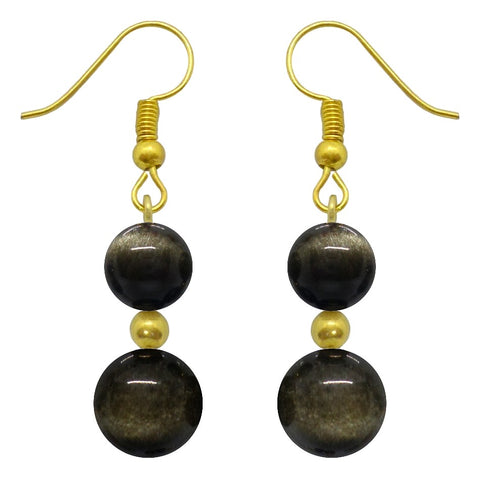 Boucles d'oreilles pendantes dorées doubles perles d'obsidienne dorée en pierre naturelle et acier chirurgical