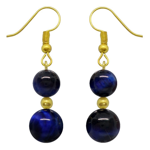 Boucles d'oreilles pendantes dorées doubles perles d'oeil de tigre bleu en pierre naturelle teintée et acier chirurgical