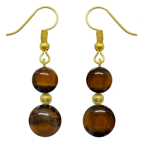 Boucles d'oreilles pendantes dorées doubles perles d'oeil de tigre en pierre naturelle et acier chirurgical