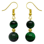 Boucles d'oreilles pendantes dorées doubles perles d'oeil de tigre vert en pierre naturelle teintée et acier chirurgical
