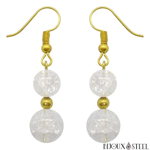 Boucles d'oreilles pendantes dorées doubles perles de cristal de roche craquelé en pierre naturelle et acier chirurgical