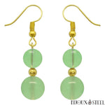 Boucles d'oreilles pendantes dorées doubles perles de fluorine verte en pierre naturelle et acier inoxydable