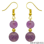 Boucles d'oreilles pendantes dorées doubles perles de fluorine violette en pierre naturelle et acier inoxydable