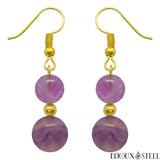 Boucles d'oreilles pendantes dorées doubles perles de fluorine violette en pierre naturelle et acier chirurgical