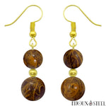 Boucles d'oreilles pendantes dorées doubles perles en jaspe éléphant pierre naturelle et acier inoxydable