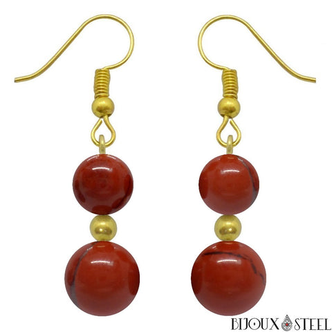 Boucles d'oreilles pendantes dorées doubles perles de jaspe rouge en pierre naturelle et acier chirurgical