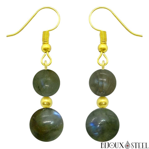 Boucles d'oreilles pendantes dorées doubles perles de labradorite rondes en pierre naturelle et acier inoxydable
