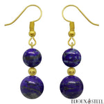 Boucles d'oreilles pendantes dorées doubles perles de lapis lazuli en pierre naturelle et acier inoxydable