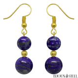 Boucles d'oreilles pendantes dorées doubles perles de lapis lazuli en pierre naturelle et acier inoxydable