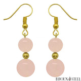 Boucles d'oreilles pendantes dorées doubles perles de quartz rose en pierre naturelle et acier chirurgical