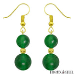 Boucles d'oreilles pendantes dorées doubles perles en jade de Malaisie en pierre naturelle et acier inoxydable