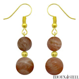 Boucles d'oreilles pendantes dorées doubles perles en pierre du soleil et acier inoxydable