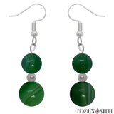 Boucles d'oreilles pendantes argentées double perle d'agate verte en pierre naturelle teintée et acier chirurgical