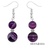 Boucles d'oreilles pendantes argentées double perle d'agate violette teintée en pierre naturelle et acier chirurgical