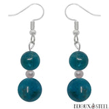 Boucles d'oreilles pendantes argentées double perle d'apatite bleue en pierre naturelle