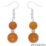 Boucles d'oreilles pendantes argentées double perle d'aventurine orange en pierre naturelle et acier chirurgical