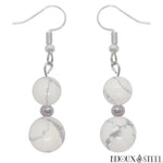 Boucles d'oreilles pendantes argentées double perle d'howlite en pierre naturelle