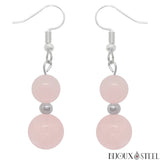 Boucles d'oreilles pendantes argentées double perle de quartz rose en pierre naturelle