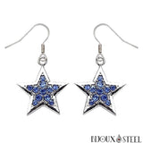 Boucles d'oreilles pendantes à étoiles argentées serties de strass bleus scintillants