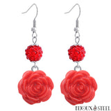 Boucles d'oreilles pendantes shamballa rouges à boutons pressions fleur rose rouge