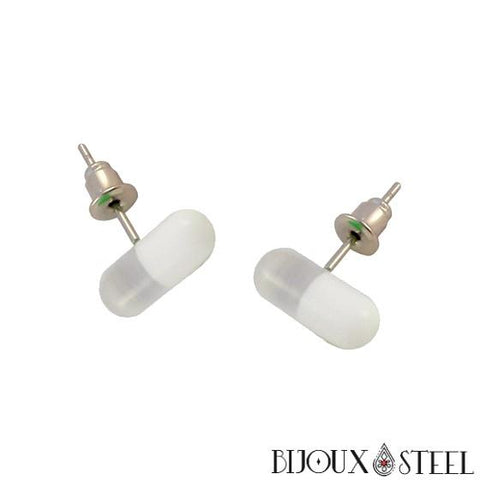 Boucles d'oreilles pilules blanches et translucides en acrylique