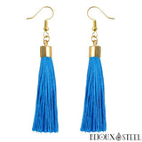 Boucles d'oreilles pompons bleu turquoise pendants et crochets dorés
