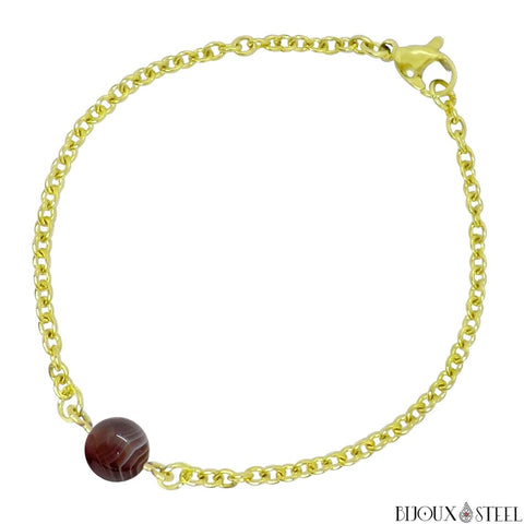 Bracelet à perle d'agate du Botswana 8mm et sa chaîne dorée en acier chirurgical