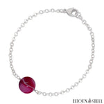Bracelet à perle d'agate magenta teintée 10mm et sa chaîne argentée en acier chirurgical
