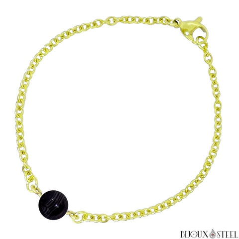 Bracelet à perle d'agate noire à rayures 8mm sur sa chaîne dorée en acier inoxydable