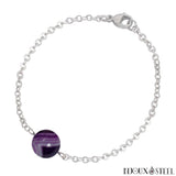 Bracelet à perle d'agate violette 10mm et sa chaîne argentée en acier inoxydable